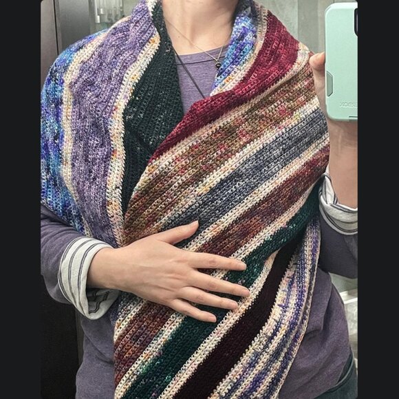 NEW Lg Shawl Earthy & Warm Oversized Stripes Multicolor Merino Wool Wrap Crochet - Picture 1 of 4
